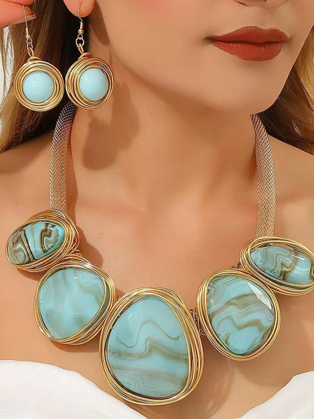 Gold-Trim Metal Aqua Statement Necklace & Earrings Set